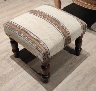 Handmade Jute Ottoman Stool with Wooden Legs | Square Upholstered Foot Rest &...