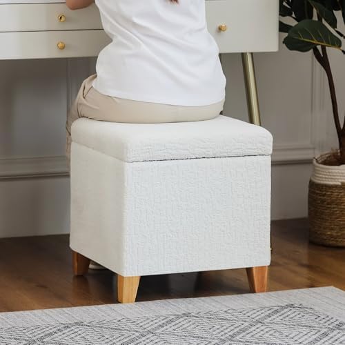 Adeco 18 Inch High Faux Fur White Cube Ottoman Storage, 3D Embossed Velvet Ch...