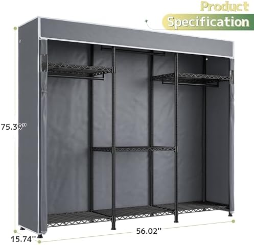 Raybee Clothes Rack, Heavy Duty Portable Closet with Cover, 3 Rods, 800LBS