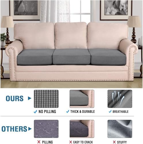 H.VERSAILTEX Super Stretch Individual Seat Cushion Covers Sofa Covers Couch Cushion Cover Slipcover Sets Thick Jacquard Textured Twill Fabric (3 Piece Sofa Cushion Covers, Grey)