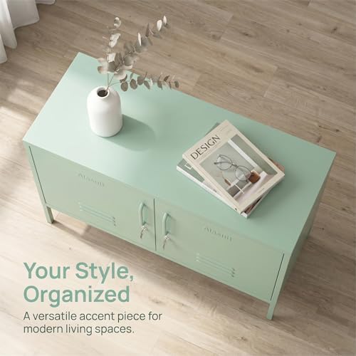 Green 2-Door Wide Lockable Metal Storage Cabinet, TV Stand & Media Consol...