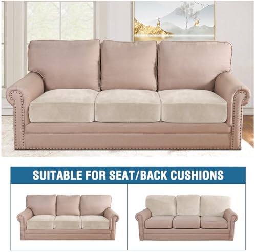 H.VERSAILTEX Velvet Stretch Couch Cushion Cover Plush Cushion Slipcover for Chair Loveseat Sofa Cushion Furniture Protector Seat Cushion Sofa Cover (3 Piece Sofa Cushion Covers, Ivory)