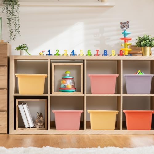 Zonon 12 Pcs Plastic Cubby Bins Office Storage Container Storage Bins Plastic Organization with 1 Pack Self Adhesive Label for Library Office Home Nursery(Pastel)
