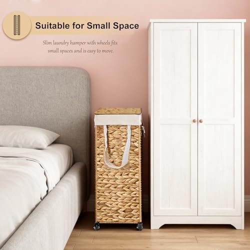 Slim Rolling Laundry Hamper with Lid and Wheels (Natural, 85L)