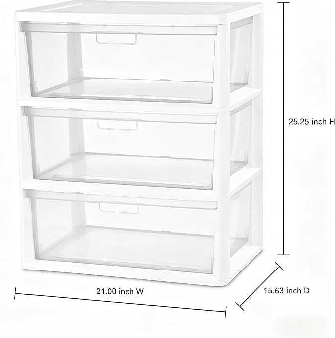 Wide 3 Drawer White Plastic Storage Tower with Clear Removable Bins