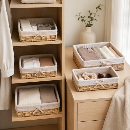 Baskets for Shelves Set of 4, Woven Paper Rope Storage, Khaki