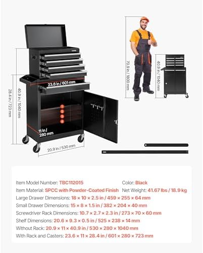 VEVOR Rolling Tool Chest, 2-in-1 Design, 5 Drawers Tool Cabinet Organizer wit...