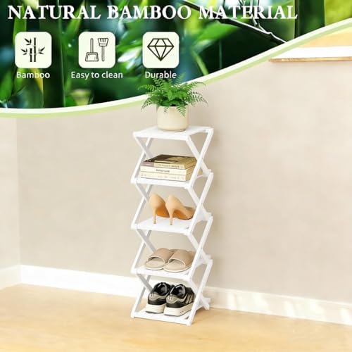 Bamboo Shoe Rack - No Assembly Required, Tall Narrow Foldable Shoe Organizer,...