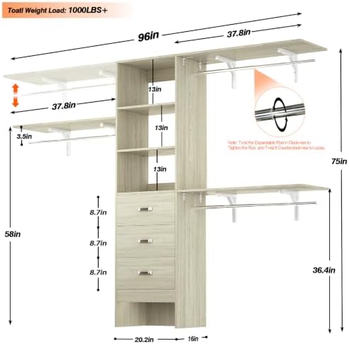 Armocity 96" Wood Closet System with 3 Enclosed Drawers & 3 Solid Sh...