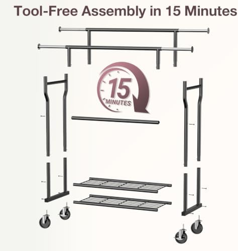 Heavy Duty Clothes Rack Load 960LBS, Adjustable Three Rods Rolling Garment Ra...