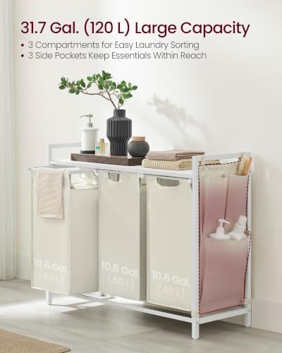 VASAGLE Laundry Hamper with Shelf, 3 Pull-Out Bags, 3 x 10.6 Gallons (40 L)