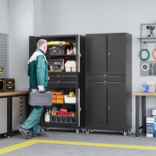 Letaya Metal Garage Storage Cabinet with Wheels,Rolling Tool Cabinet with 4 D...