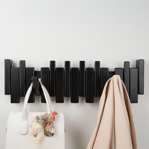 Beech Piano Key Coat Rack with 8 Flip Hooks, Black