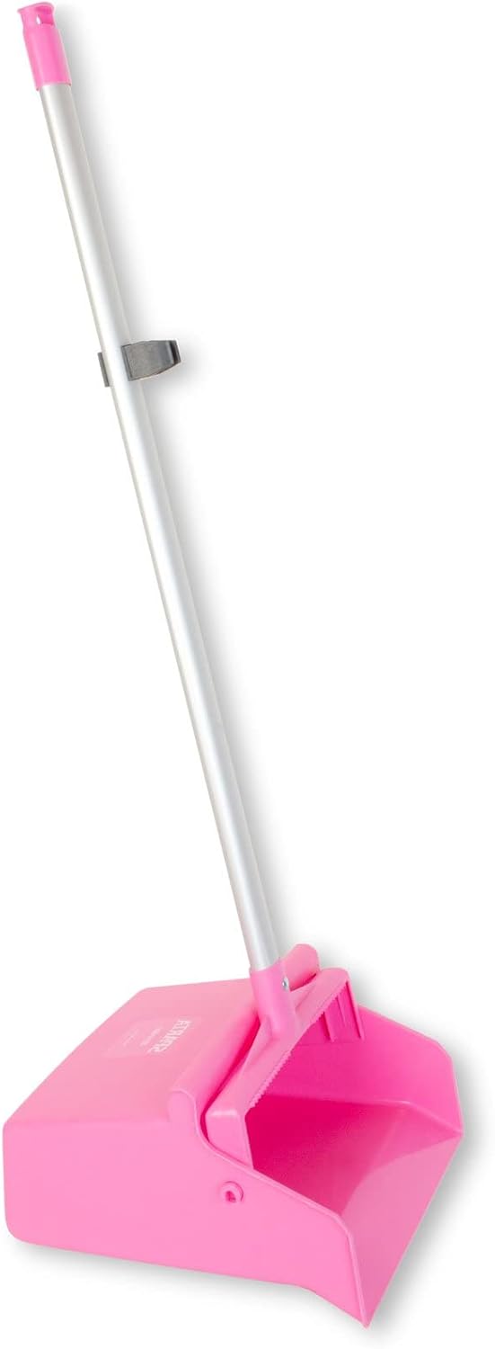 SPARTA Color Coded Upright Dustpan with 30 Inch Aluminum Handle, Serrated Edge and Locking Yoke, Standing Commercial Floor Dust Pan, Pink