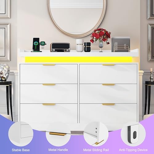 UNIQUITE 6 Drawer Dresser for Bedroom, White Dresser with LED Lights and Powe...
