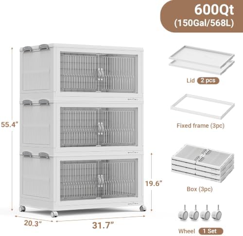 BROVIEW 600Qt Stackable Storage Bins with Lid for Home Dorm, 3Pack White