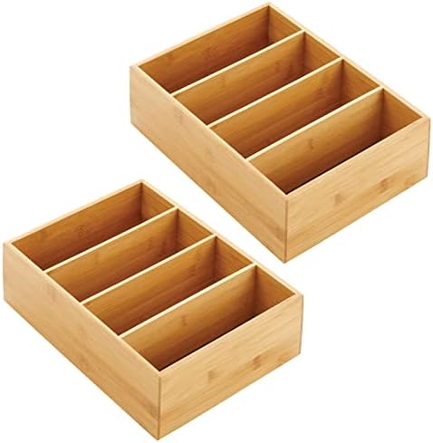 mDesign Bamboo Wood Food Storage Organizer Box, 4 Section, Divided Compartmen...
