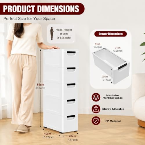 5 Drawers Narrow Slim Plastic Storage Cabinet,Storage Drawer with 4 Wheels,5 ...