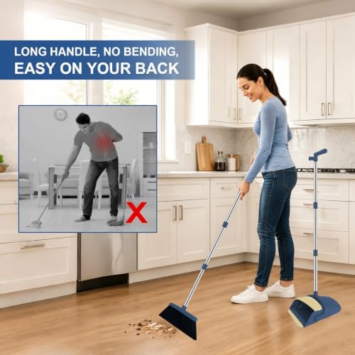 Broom and Dustpan Set, 51" Long Handle Broom with Mini Set Navy Blue | Mini Set for Tables, Kitchens & Tight Spaces, Built-in Comb Dustpan, Foldable Space-Saving Storage, Multi-Surface Use