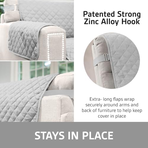 Sofa Shield 100% Waterproof Couch Cover with Patented Straps, Slip & Stain Resistant Furniture Protector, Machine Washable Sofa Slipcover for Dogs Cats Pets Kids, 70 inch Seat, Light Gray
