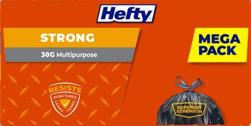 Hefty Strong 30 Gallon Trash_Bags, Large Trash-Bags 30 Gallon Size, Durable Drawstring Enclosure, Resists Punctures, Leaks, and Tears, Black, Unscented, 56 Bags (Pack of 3)
