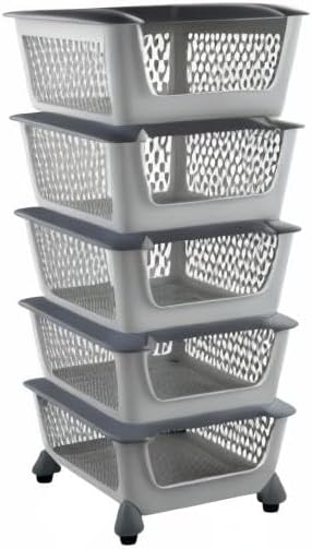 Cand 5-Pack Large Stackable Storage Bins, Plastic Stacking Baskets, Grey