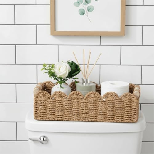 CubesLand Scalloped Toilet Paper Storage Basket W/Handle for Home Decor | Paper Rope Toilet Organizer Basket for Countertop, Over Toilet Shelf, End Table, Living Room, Bedroom Decor & More, Neutral