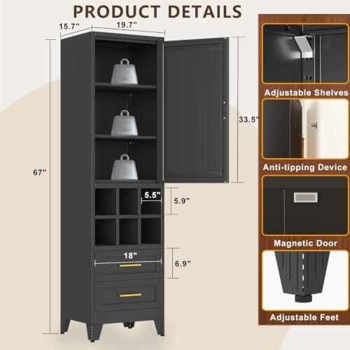 67" Tall Metal Pantry Cabinet, Narrow Freestanding Storage Cabinet, Black