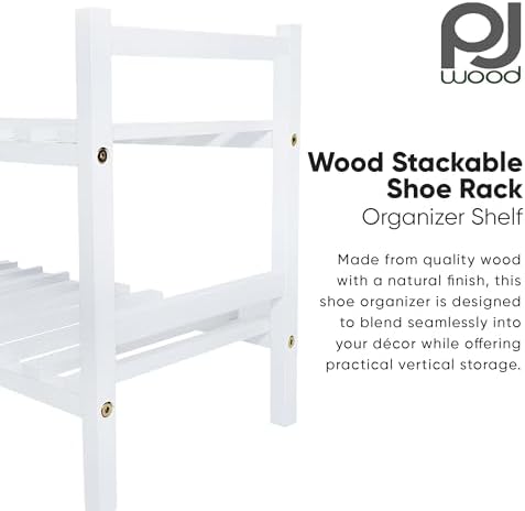 PJ Wood - Stackable White Wooden Shoe Rack - 2 Tier, 6 Pair
