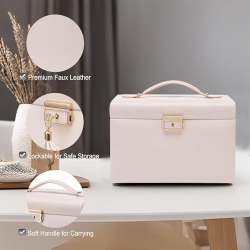VLANDO Lockable Mirrored Jewelry Box Organizer, Beige