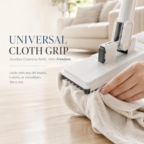 Hands-Free Multi-Purpose Flat Mop, Shark Tooth Triple Grip Built-in Rubber Squeegee for Window One Button Automatic Release Flat Mop Washable Reusable Microfiber Cloth,10×49 in