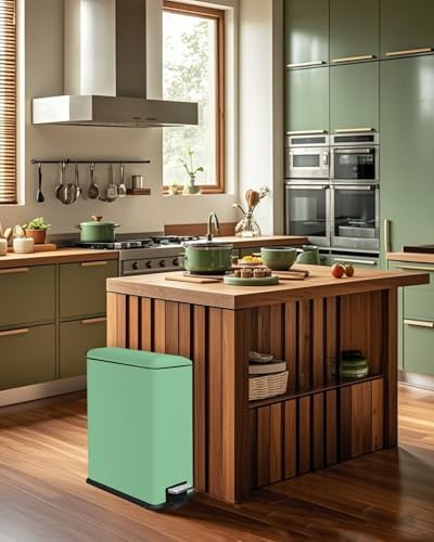 12 Gallon Slim Kitchen Trash Can, Large Slim Green Garbage Can | Stainless Steel Trash Can, Plastic Removal Inner Bucket, Soft-Close Lid, 45 Liter Pedal Garbage Can, for kitchen, bathroom