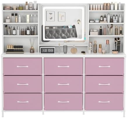 9 Drawers Dresser with LED Mirror for Bedroom, 59" W Chest of Drawers