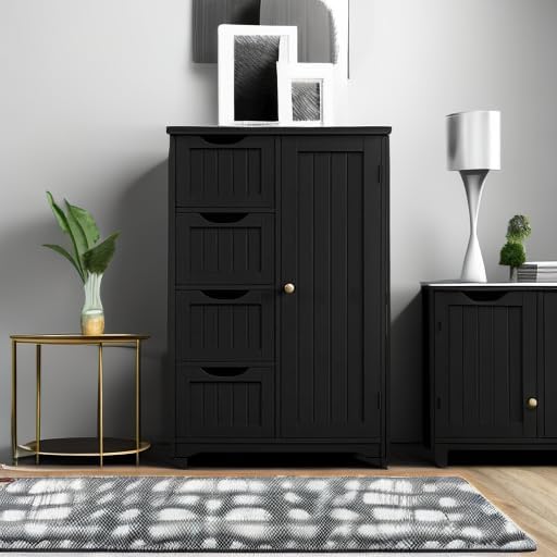 Yaheetech Small Bathroom Storage Cabinet with 4 Drawers & Door, Black