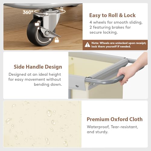 Lifewit 200L Rolling Laundry Basket with Steel Frame, Removable Bag, White