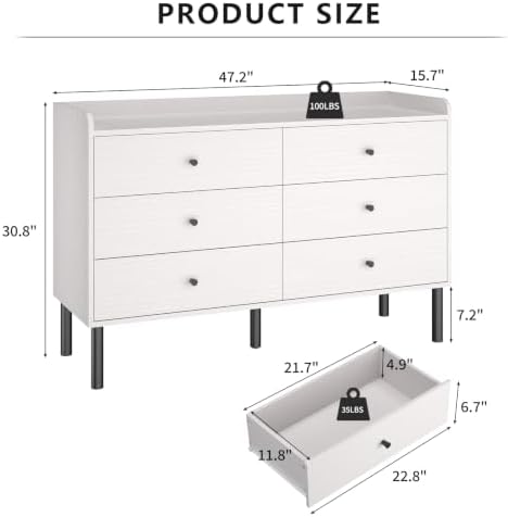 LYNSOM White Dresser for Bedroom, 6 Drawer Dresser with Wide Drawer and Metal...