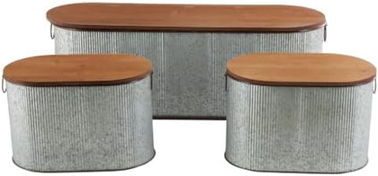 Deco 79 Metal Room Storage Bench Entryway Benches with Brown Wood Top, Set of 3 Benches 48", 23", 23"W, Silver