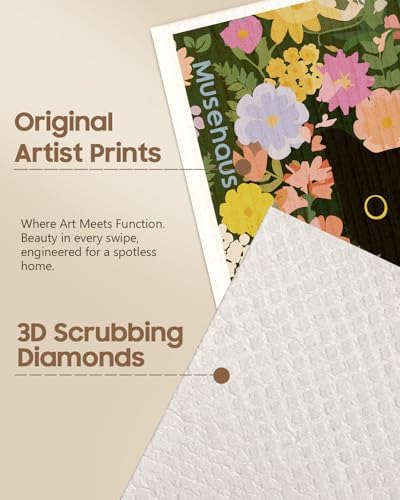 5 Pack Reusable Swedish Dishcloths, Cat in Flowers | Reusable Paper Towels, Non-Scratch, Absorbent, Compostable, Textured Surface, Sponge Cloths for Cleaning