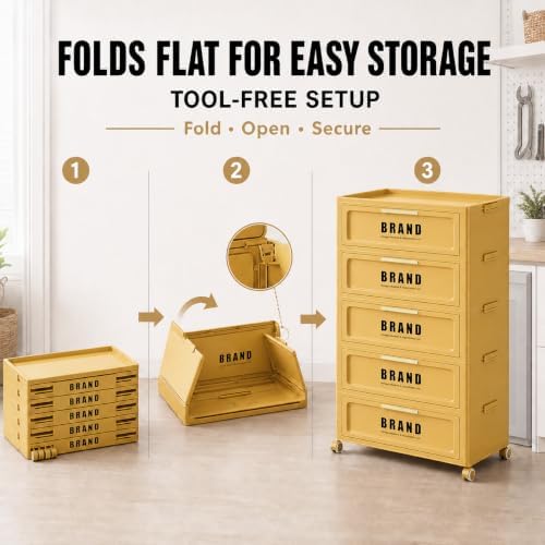 Foldable Storage Cabinet with Doors & Locking Wheels, 5-Tier Large-Capaci...