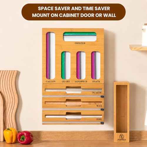 9-in-1 Bamboo Kitchen Drawer Organizer - Storage Bag Holder with Built-In Foi...