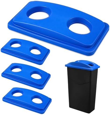 Maxdot 4 Pcs Recycle Bin Lids Each with Two Bottles & Cans Openings Plastic Fit 23 Gallon Slim Trash Can for Waste Recycling Sorting Kitchen Classrooms Offices Outdoor (Blue)
