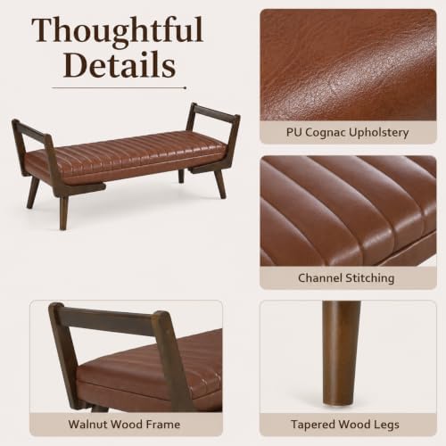 52" Upholstered Bench, Brown Faux Leather, Walnut Legs