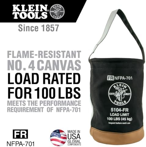 Klein Tools 5104FR Canvas Bucket, Flame-Resistant Tool Bucket Made of No. 4 C...