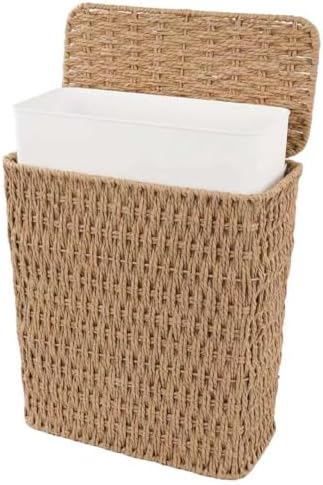 Coeusy 3 Gallon Paper Rope Bathroom Trash Can,Small Wicker Trash Cans with Lid and Liner,Woven Rattan Narrow Waste Basket for Bedroom,Office,Natural