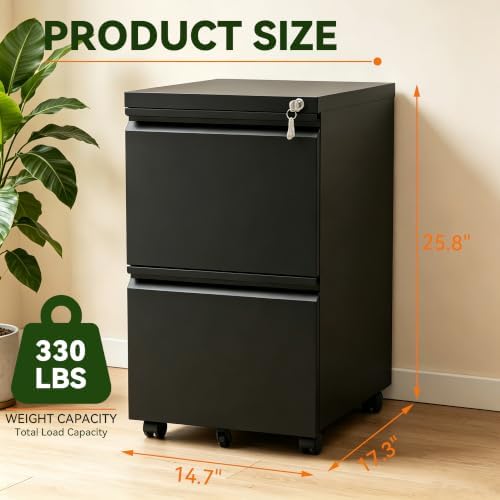 SAWJEC 2 Drawer Rolling File Cabinet Fully Assembled, Black