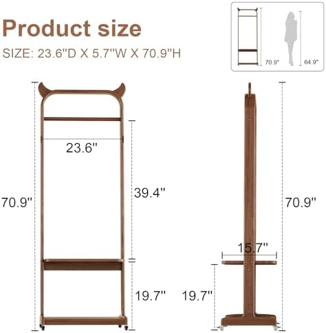 Solid Wood Clothing Racks with Shelves, Rolling Clothes Rack for Hanging Clot...