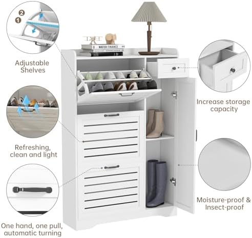 Shoe Storage Cabinet with 3 Flip Drawers, Freestanding Hidden Wooden Shoe Sto...