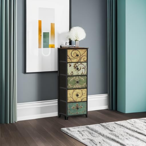 Tohomeor Small Dresser for Bedroom with Retro Flower Narrow Drawers Slim Ches...
