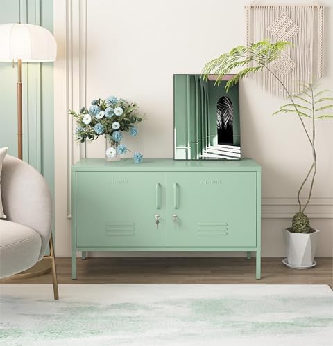 Green 2-Door Wide Lockable Metal Storage Cabinet, TV Stand & Media Consol...