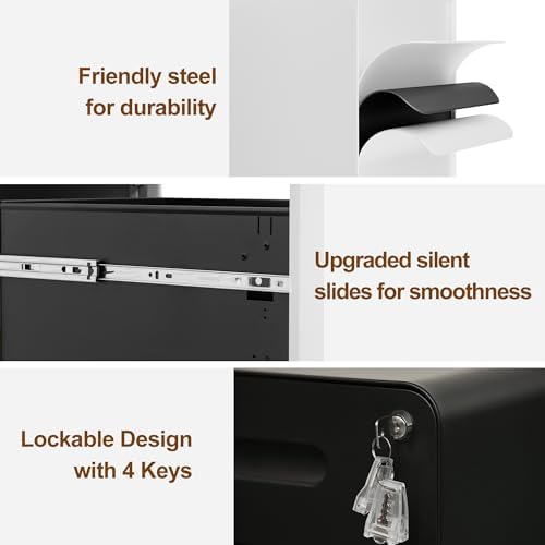 2 Drawer Mobile Low Profile File Cabinet with Lock and 4 Keys